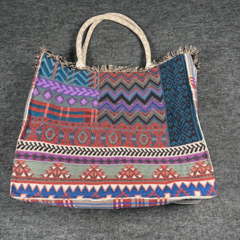 Azoe Multicolor Woven Tapestry Oversized Tote Bag Boho Southwestern Fringe OS